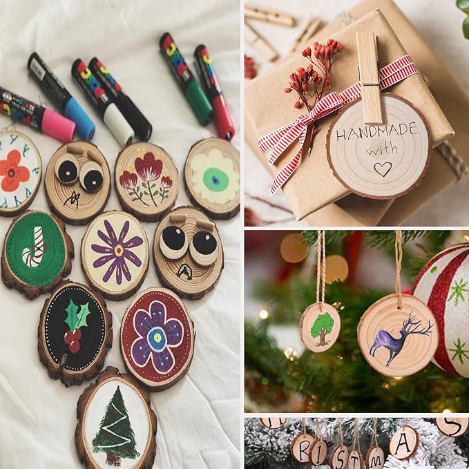 Wood Slices 54 Pcs 2.8-3.1 Inches,Wood Slices for Crafts with Hole,Small Wood Cookies,Natural Wood Slices for DIY Rustic Candle Holders/Wedding/Christmas. ﻿