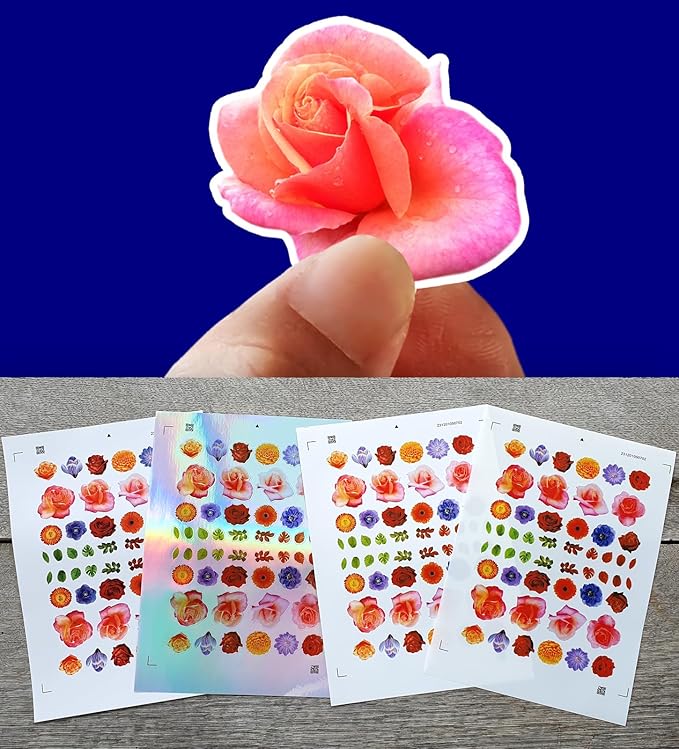 Stickers Pack (Over 150 Stickers) Incredible Bright Flowers and Leaves Vintage Styled Small Vinyl Stickers White Hologram Transparent