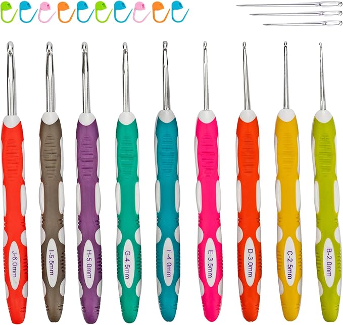 Ryhiac 9 PCS Longer Ergonomic Crochet Hooks Set USA Standard Size B to J 2.0mm-6.0mm Soft Grip Handles Smooth Crochet Needles Knitting Needles for Arthritic Hands,Beginners(Set C)