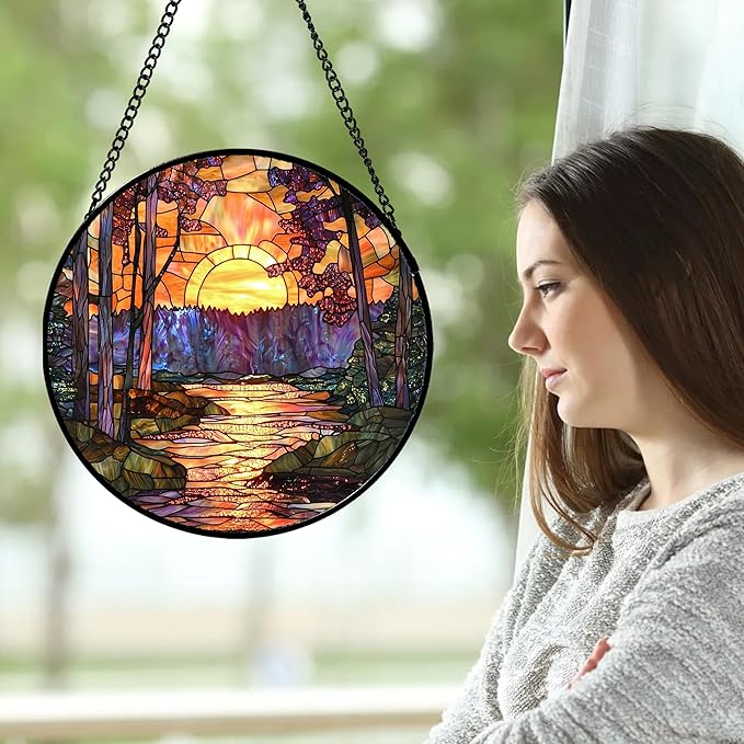 Stained Glass Window Hanging, Orange Landscape Green Purple Lake Forest Suncatcher for Doors Window Home Sun Catchers Decor Mother's Day Birthday Gifts for Women Men Mom 9.8 in