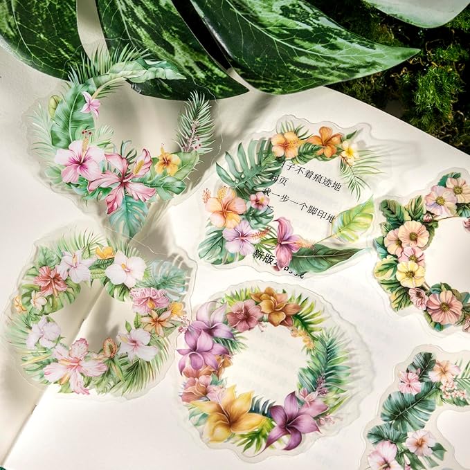 Tropical Botanical PET Sticker Set, 120Pcs Floral and Leaf Stickers for Scrapbooking, Journaling, Junk Journal Supplies, and DIY Crafts