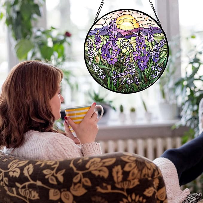 Stained Glass Window Hanging - Purple Lavender Suncatcher for Door Terrace Garden Home Decor Plant Flowers Landscape Sun Catcher Birthday Gifts for Lovers Women Men Dad Mom Nana 6.3 in
