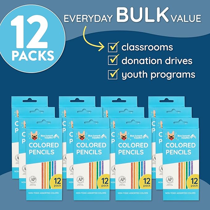 Blue Summit Supplies 144 Colored Pencils Bulk Classroom, Colored Pencil for Kids Bulk, Sharpened for Coloring, Assorted Colors, 12 Count boxes, 12 Total Boxes