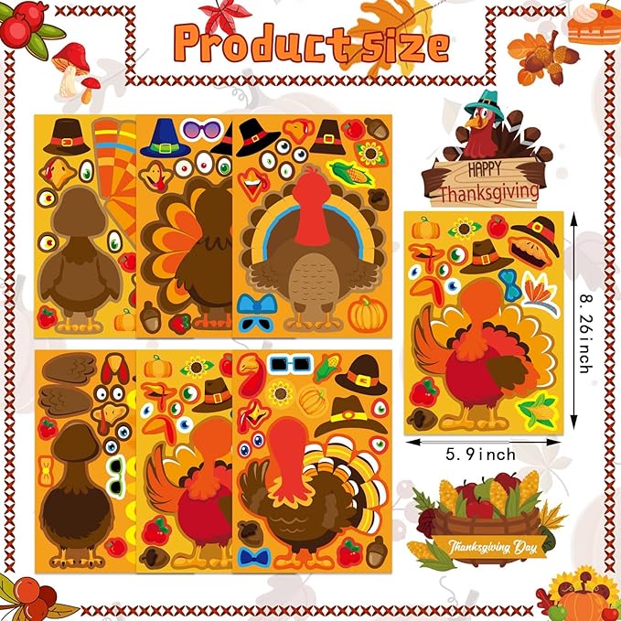 24 Sheets Make a Turkey Stickers, Thanksgiving Stickers for Kids, Make Your Own Turkey Sticker, Thanksgiving Party Favors Supplies, DIY Craft Game Classroom Teacher Reward