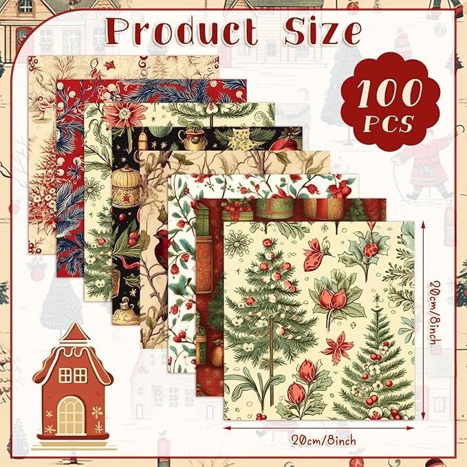 Fanfanwin 100 Pcs 8 x 8 Inch Vintage Christmas Quilting Fabric Christmas Fat Squares Patchwork Strips Santa Red Cardinal Precut Fabric Bundles for Xmas Handmade Crafting DIY Craft Sewing Material