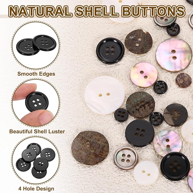 uxcell 60Pcs Natural Shell Buttons, 10mm 4-Hole Round Shell Craft Sewing Button, Decorative Accessories for Coats, Shirts, Clothing DIY Projects, Black