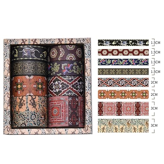 8 Rolls Retro Washi Tape Set Vintage Arts Adhesive Tapes Wide Painting Patterned Decorative Masking Tape Sets for Craft, Kids, Scrapbook, DIY, Gift Wrapping (Dunhuang)