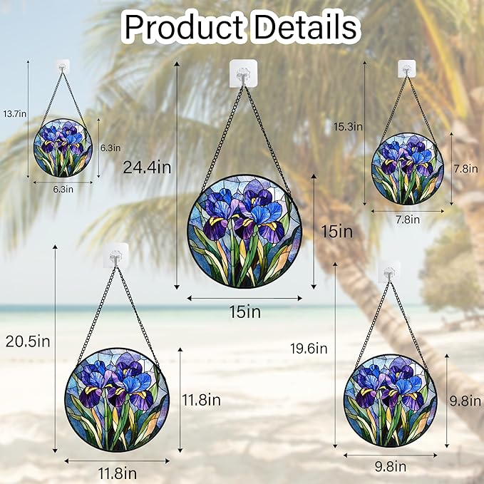 Stained Glass Window Hanging - Blue Purple Iris Flower Suncatcher for Door Garden Patio Sun Catchers Decor Christmas Mother's Day Birthday Gifts for Women Men Mom Nana Aunt Friend 9.8 in