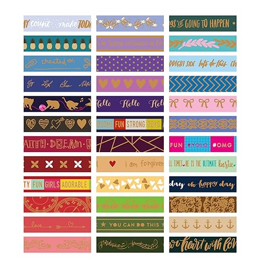 36 Rolls Skinny Washi Tape Set Gold Foil Detailing Arts Adhesive Tapes Basic Patterns Decorative Masking Tape Sets for Craft, Kids, Scrapbook, DIY, Gift Wrapping (Bronzing Letters)