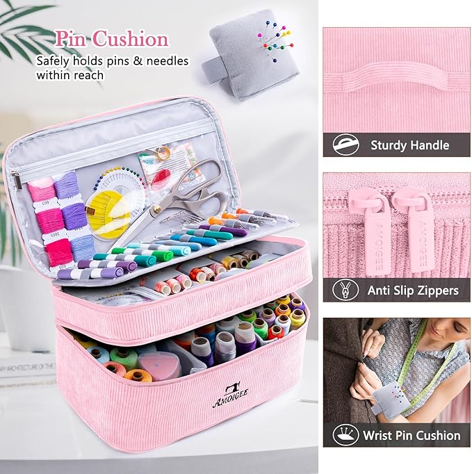 AMOIGEE Double-Layer Sewing Accessories Organizer with Pin Cushion – Large Sewing Storage Bag for Thread, Notions & Tools – Portable Travel Sewing Tote for Quilting, Embroidery & Crafts Gift (BagOnly)