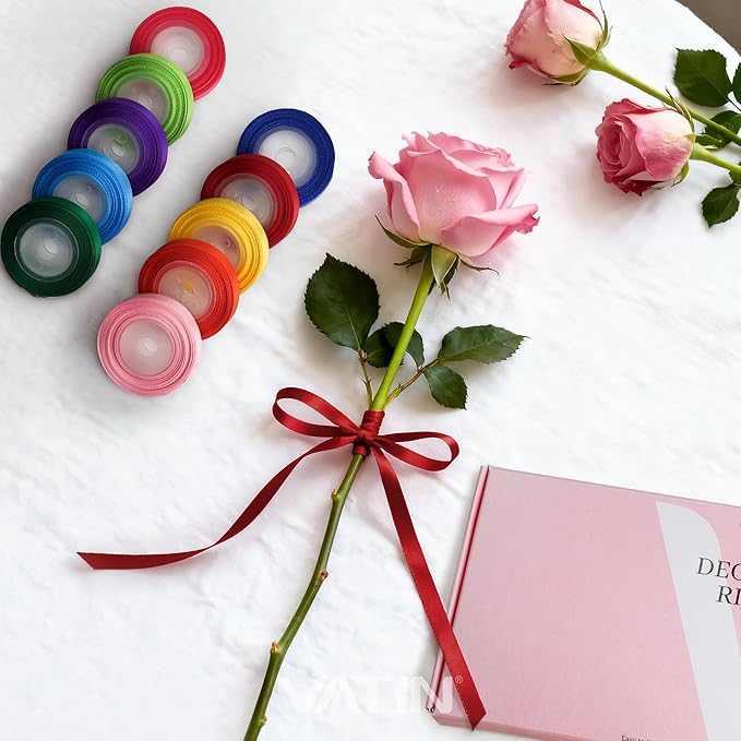 VATIN Rainbow Satin Ribbon Set 3/8 Inch x 10 Colors, Total 60 Yards,Double Faced Ribbon for Gift Wrapping Craft，Flower Bouquet,Women Hair Ribbons