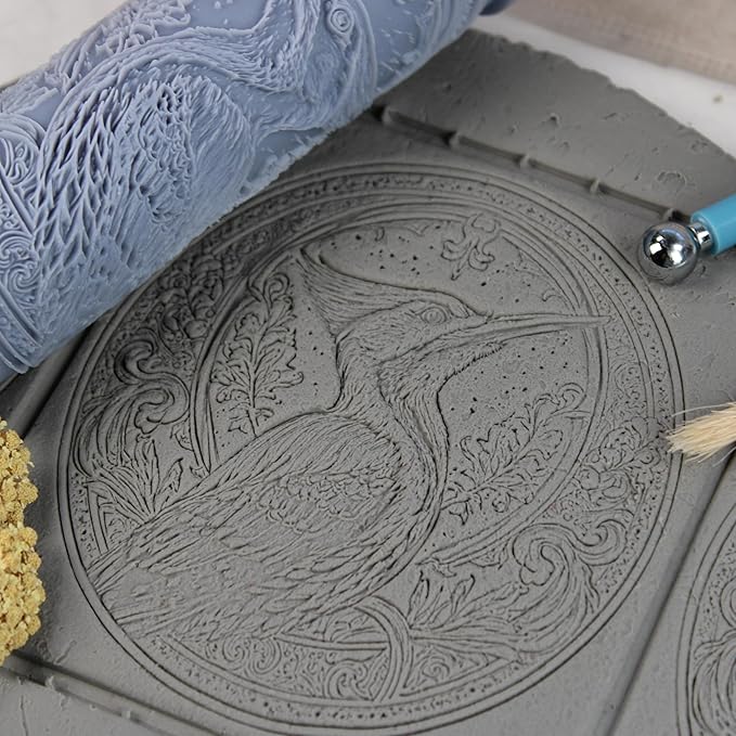 Woodpecker Clay Texture Roller (4") - Bird Set #02 - Embossing Pattern Roller for Polymer & Ceramic Clay, Pottery & Crafts