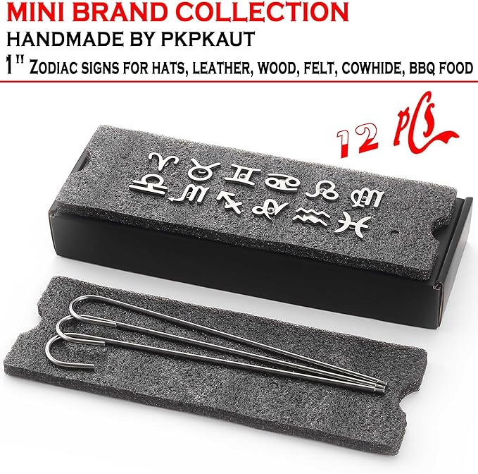 12Pcs Mini 1" Branding Irons, Zodiac Signs Custom Wood Branding Iron Personalized for Wood Working, Leather Hats, Felt, Cowhide, BBQ Brander & Bread Logo, Steak Branding Iron for Food