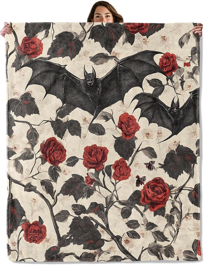 Bat and Rose Gothic Throw Blanket for Boys Girls Kids Adults Women, Fuzzy Warm Soft Cozy Flannel Blankets Gifts for Bedroom, Couch, Travel, Home Decor 50x60 in