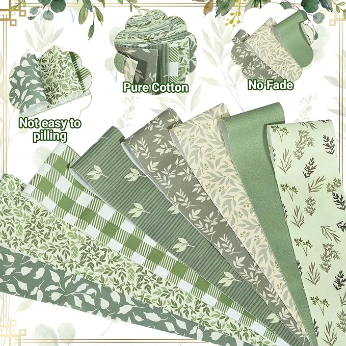 40 Pcs Sage Green Floral Cotton Jelly Fabric Strips Spring Sage Leaves Fabric Strips for Quilting Crafting Precut Patchwork for Gift Sewing DIY Crafts