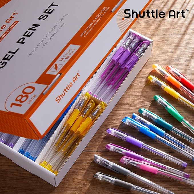 Shuttle Art Gel Pens, 180 Pack Gel Pens Set, 12 Assorted Colors Bulk Classroom Pack for Adults Coloring Books Drawing Doodling Crafts Journaling
