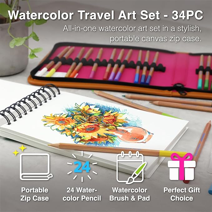 COLOUR BLOCK Watercolor Pencil Travel Art Set I 34pc Professional Drawing Kit, 50Sheets Drawing Pad, Paint Brushes I Vibrant Pigments for Coloring, Blending