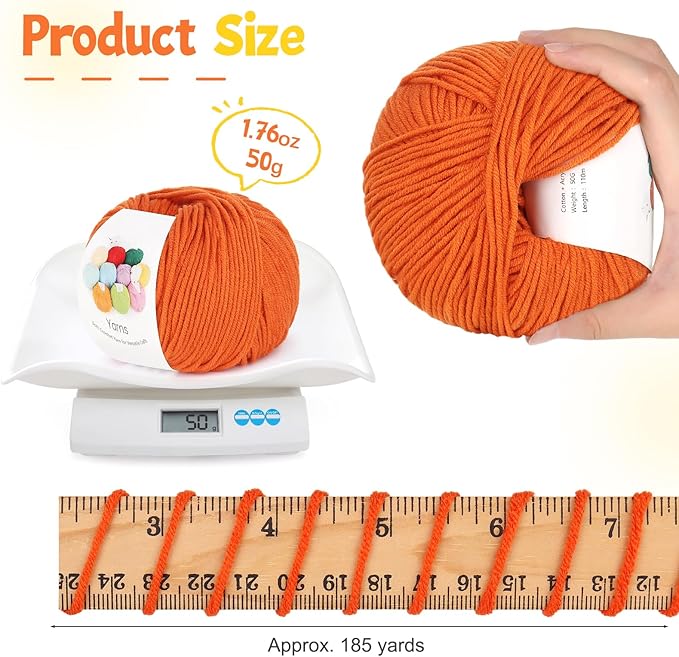 Katech Cotton Yarn for Crocheting-55% Cotton 45% Acrylic-4 Medium (Worsted)-Super Soft Milk Cotton Yarn-Great Crochet and Knitting Starter Kit for Colorful Craft（Orange）