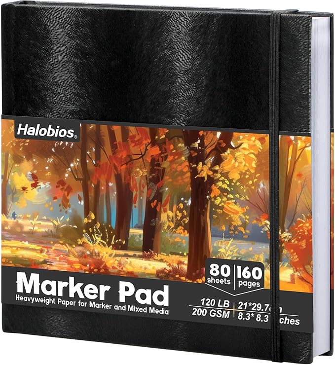 Halobios Square Sketchbook for Drawing, 120 lb/200 GSM Mixed Media Sketchbook, 80 Sheets/160 Pages Portable Marker Drawing Paper Sketch Book for Alcohol Markers, Artists, Beginners（8.3”x8.3”）