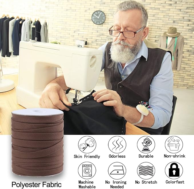 Bias Tape Double Fold 1/2 inch, Double Fold Bias Binding Tape 55 Yards (Brown) and 4 Pieces Sewing Fabric Chalks for Crafts, Sewing, Seaming, Hemming, Piping, Quilting.