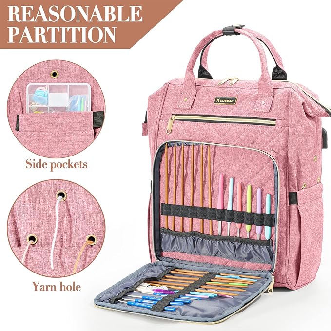 Kuosdaz Knitting Bag Backpack, Crochet Bag Tote, Yarn Organizer with USB Charging Port, Christmas Gifts Large Travel Crochet Storage Tote for Crochet Hooks, Knitting Needles, Yarn Supplies, Pink