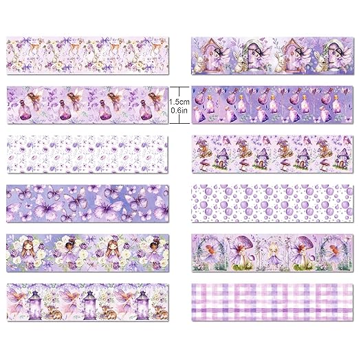 12 Rolls of Fairy Washi Tape, Purple Decorative Tape Masking Tape for Note Taking Supplies, Scrapbooking, DIY Crafts, Gift Wrap for Birthday Wedding Baby Shower Party Supplies