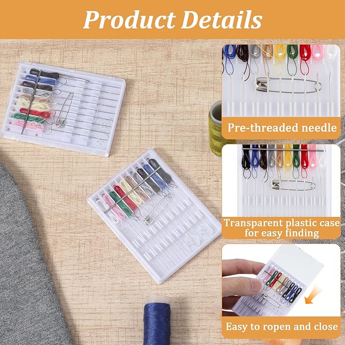 MAQUITA 48 Boxes Mini Quick Fix Sewing Kit Easy Pre Threaded Needle Basic Personal Kit Plastic Threaded Needle Holder Small Home Travel Sewing Box with Pin Button
