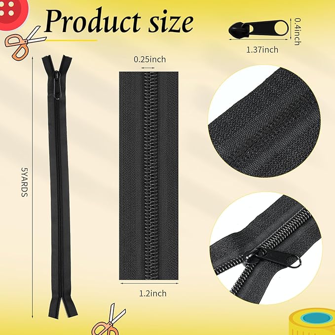 WILLBOND 100 Yards 20 Pcs Sewing Zippers Bulk #5 Nylon Coil Zippers Black Zipper for Sewing with 200 Zipper Sliders for DIY Tailor Bags Purses Crafts Supplies(Black)