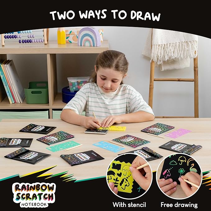 BONNYCO Rainbow Scratch Art for Kids 16 Sets with Notebook, Stencil and Wooden Stylus. Party Favors, Goodie Bags Stuffers for Kids, Classroom Prizes. End of Year Gifts Ages 3 to 12