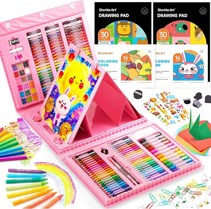 Shuttle Art 335 Piece Kids Art Set, Multi-Media Art Supplies, Gift Art Kit with Trifold Easel, 2 Drawing Pads, 2 Coloring Books, Oil Pastels, Crayons, Watercolors, Markers, Colored Pencils (Pink)