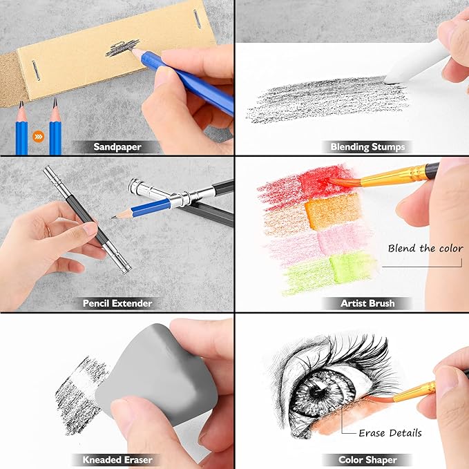 Caliart 176PCS Art Supplies Sketching Kit with 100 Sheets 3-Color Sketch Book, Graphite Colored Charcoal Watercolor & Metallic Pencils, Drawing Set Christmas Gifts for Adults Teens Girls Boys Kids