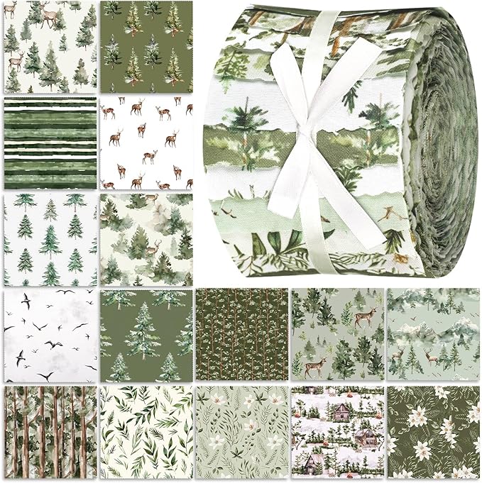 40 Pcs Sage Green Christmas Quilting Fabric Roll 2.56 Inch Watercolor Woodland Precut Fabric Squares Jelly Forest Reindeer Patchwork Strips Quit Material for Winter Xmas Craft Sewing DIY