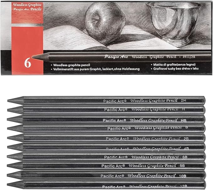 Pacific Arc Woodless Graphite Pencil 6 Pack Set, 6B, for Sketching, Drawing, Coloring and Art