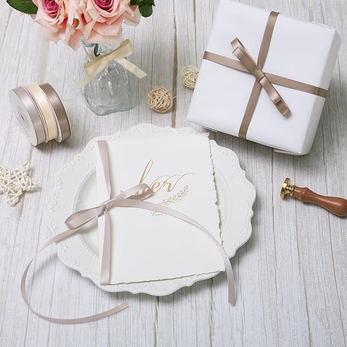Champagne Double Face Satin Ribbon 3/8 Inch x 45 Yards Ivory Fabric Ribbon for Gift Wrapping, Flower Bouquets, Hair Bows Making, Wedding Decoration, Invitation Cards, Christmas (3 Rolls *15Yd)