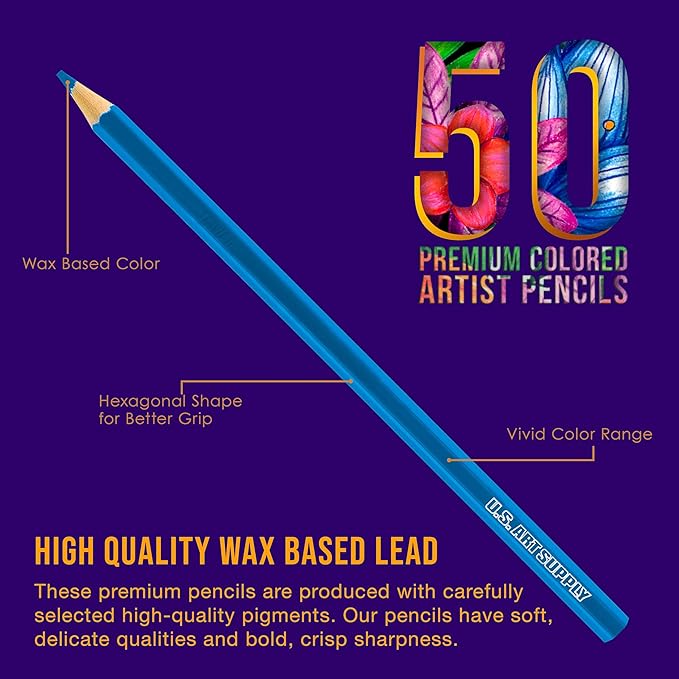 U.S. Art Supply 50 Piece Adult Coloring Book Artist Grade Colored Pencil Set with Zippered Storage and Carrying Case - Vibrant Colors, Smooth Art Drawing, Sketching - Kids, Students, Adults, Beginners