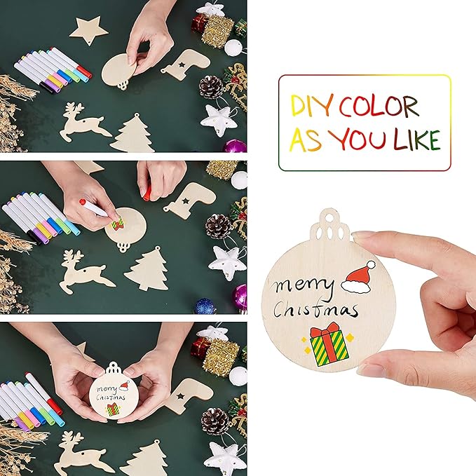 Artmag 50pcs Unfinished Wooden Hanging Ornaments for Christmas Decorations,5 Styles DIY Wood Slices with Holes for Crafts Centerpieces Holiday Hanging Decorations