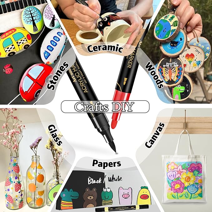 Art+soul 24 Colors Acrylic Paint Pens-Dual Tip Markers, Vibrant, Long Lasting Colors that Dry Quickly, Ideal for Canvas, Paper, Glass, Ceramic, Wood, and Rock