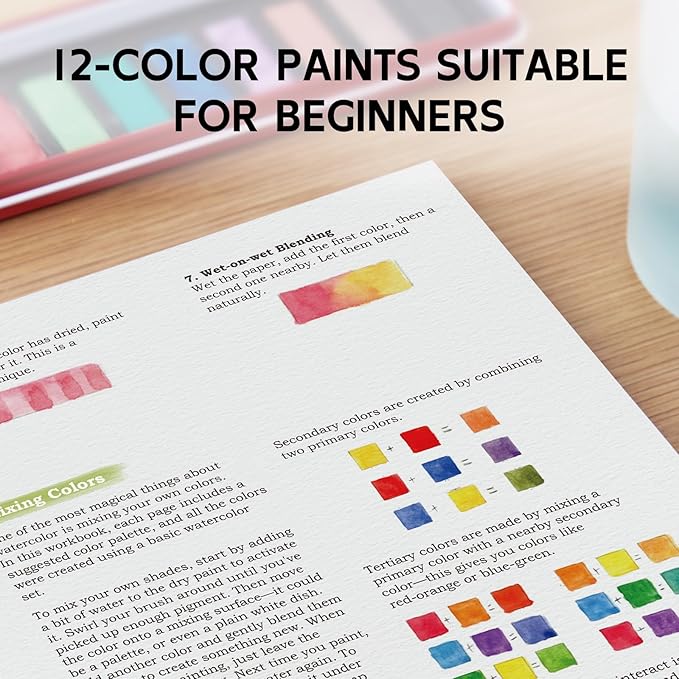 Watercolor Workbook for Beginners, Watercolor Paint Set, Arts & Crafts Water Color Book Notebook Practice Coloring Book for Adults and Teens with 12 Colors Painting Set & Brush (Flowers)