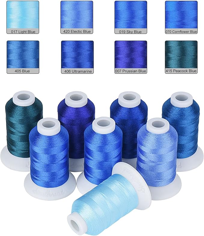 Simthread Blue Embroidery Thread – 8 Shades Compatible with Brother Colors, 550 Yards Each, 40WT Polyester, for Brother, Babylock, Janome, Singer & Other Machines
