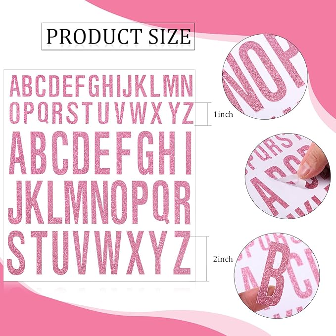 8 Sheet Glitter Letter Stickers Vinyl Alphabet Stickers Waterproof Self Adhesive Stick on Letters for Poster Bulletin Board Mailbox School Classrooms Decor(1 Inch, 2 Inch,Pink)