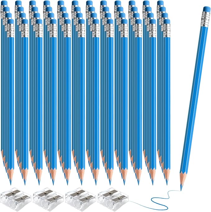 48 PCS Lightblue Checking Pencils Erasable Colored Pencils with Eraser Pre Sharpened Pencil 2 HB - Ideal for Checking, Grading, Tests & Office/School Supplies (Lightblue)
