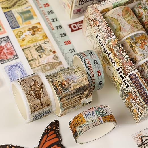 Vintage Washi Tape Set - 24 Rolls Arts Adhesive Tapes Assorted Retro Decorative Masking Tape Sets for Craft, Kids, Scrapbook, DIY, Gift Wrapping (2-Vintage Journey)