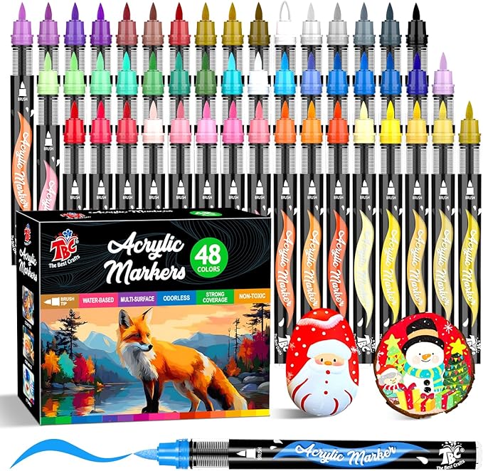 TBC The Best Crafts Acrylic Paint Markers, 48 Colors Water-Based Paint Pens for Art and Craft Projects, Multi-Surface Use on Fabric, Glass, Wood, Stone, Metal, Ceramic, Canvas, Rock