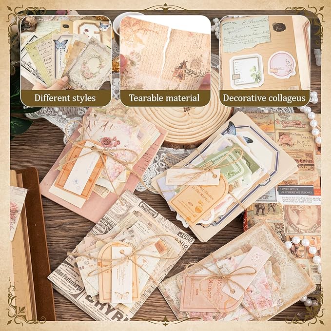 400Pcs Scrapbook Supplies Kit,4 Pack Vintage Decorative Paper Scrapbooking Supplies for Bullet Journal, Junk Journal, Planner, Collage Card Making，Retro Crafts，Aesthetic DIY Craft Embellishments