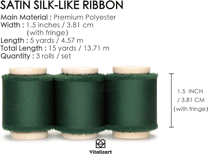 Vitalizart Green Silk Satin Ribbon 1-1/2 Inch x 15 Yard Wooden Spool Handmade Frayed Ribbons for Gift Wrapping Baby Shower Wedding Bridal Bouquets Holiday Decor