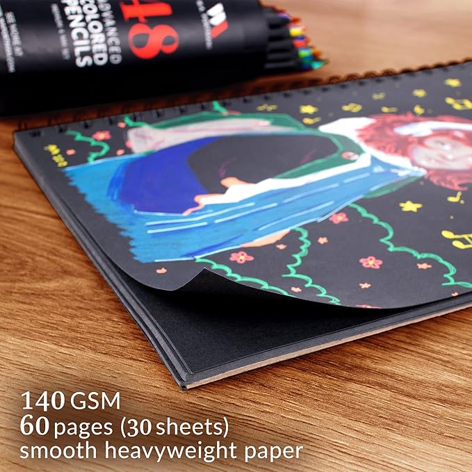 WA Portman Black Paper Sketchbook A4 (8.3" x 11.7") – 140 GSM Acid-Free Black Book Marker Paper – 60 Pages (30 Sheets) Spiral Scrapbook Journal – Mixed Media Sketch Pad for Kids & Adults
