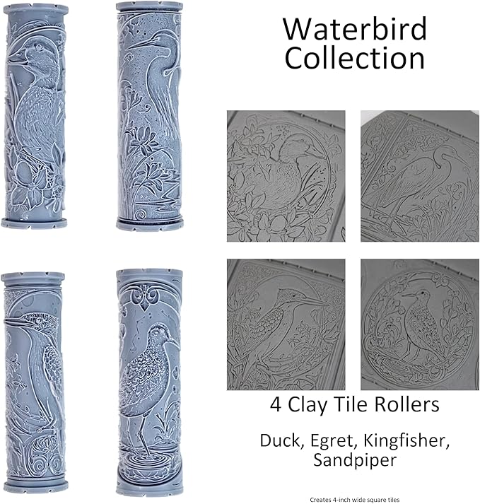 Waterbird Collection 4-Pack Clay Texture Rollers (4") - Bird Set #02 - Embossing Pattern Rollers for Polymer & Ceramic Clay, Pottery & Crafts