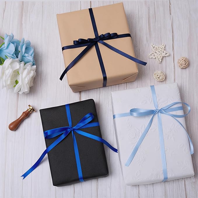 Blue Double Face Satin Ribbon 3/8 Inch x 45 Yards Baby Blue/Royal Blue/Navy Fabric Ribbon for Gift Wrapping, Flower Bouquets, Hair Bows Making, Wedding Decor, Invitation Cards (3 Rolls *15Yd)