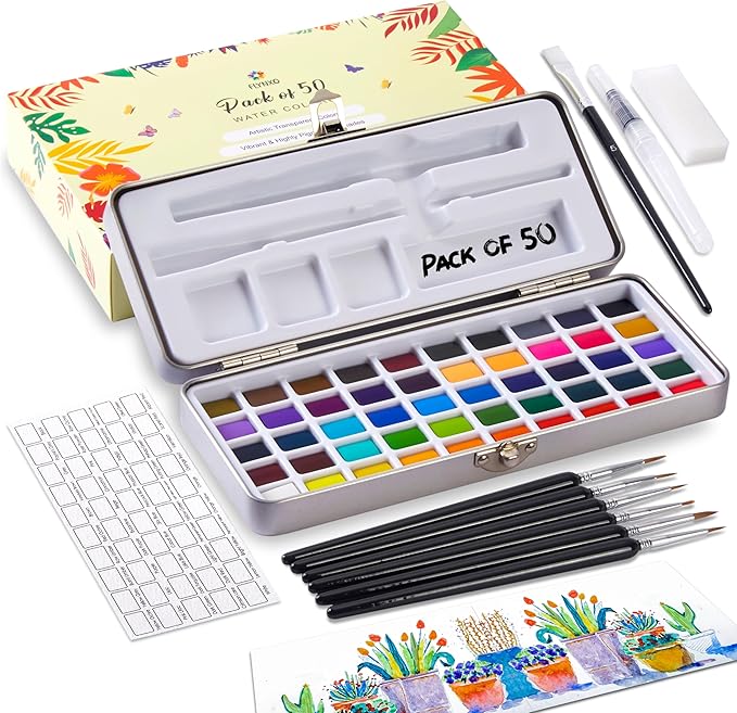 Professional Watercolor Paint Set – 50 Brilliant Colors, 6 Detail Brushes, Water Brush Pen, Swatch Sheet, Sponge & Metal Case – Portable Non-Toxic Colors with ASTM D-4236 Certificate, Kit for Adults, Artists & Students
