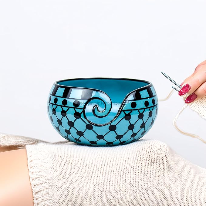 Nagina International Ceramic Attractively Hand Painted Gorgeous Stoneware Yarn Ball Storage Bowl With Innovative Dispensing Curl | Knitting & Crochet Accessions (Small, Dawn Blue)